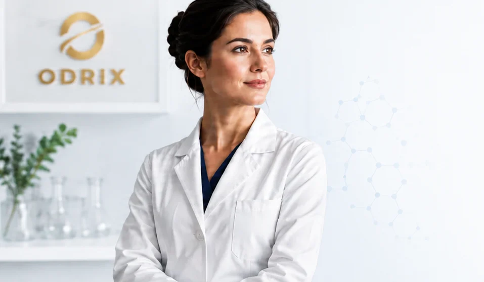 Dr. Elena Marsh, ODRIX Chief Medical Advisor, in a lab coat