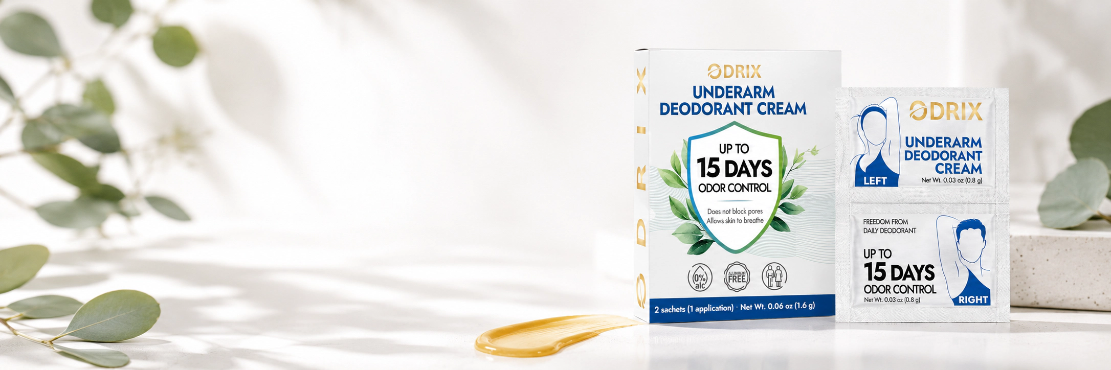 ODRIX Underarm Deodorant Cream box with LEFT and RIGHT sachets and natural botanicals