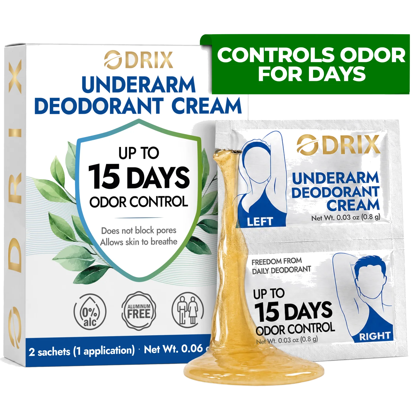 ODRIX underarm deodorant cream - box and two sachets, up to 15 days odor control
