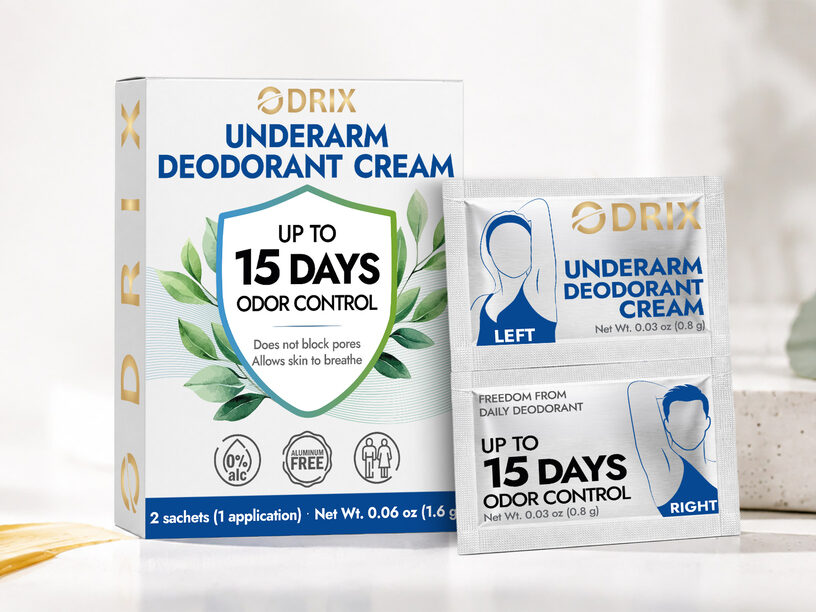 ODRIX underarm deodorant cream sachet and box, up to 15 days